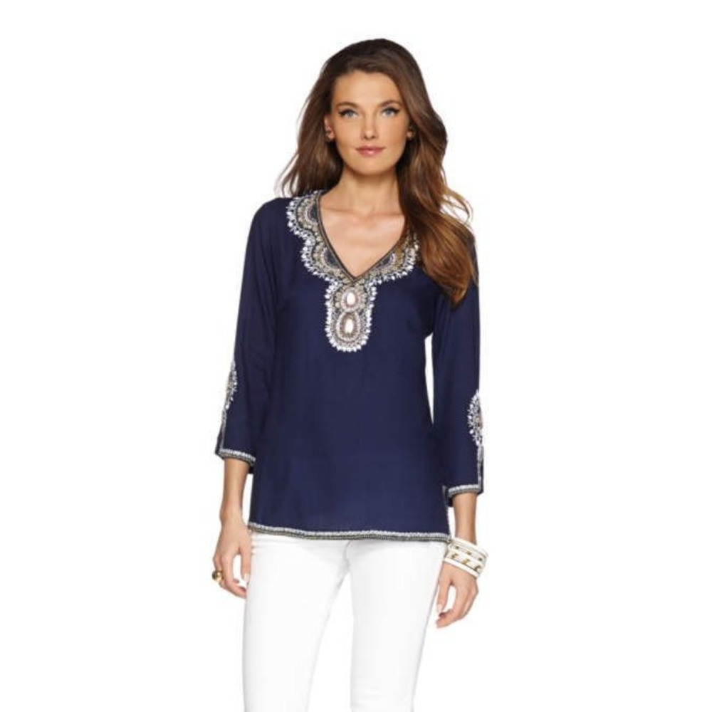 Lilly Pulitzer NEW Navy Blue Beaded Embroidered Tunic Top XS Boho Coastal Coast